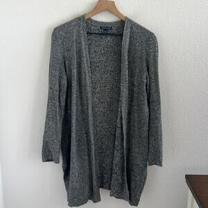 Eileen Fisher Silk Organic Linen Open Front Sweater Longline Gray Black Small